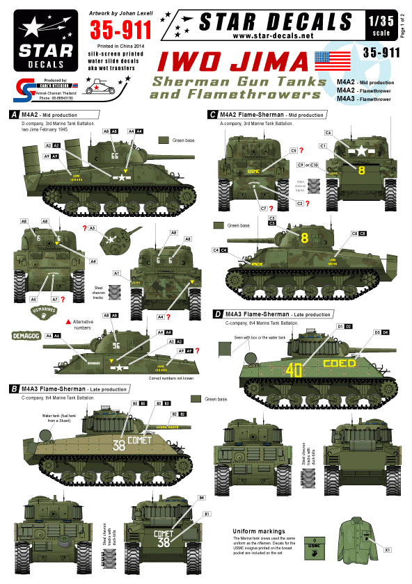 Star Decals 35-911 Iwo Jima Sherman Gun and Flame tanks 1/35