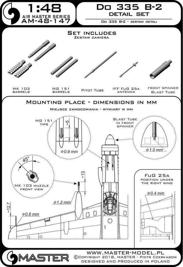 Master AM-48-147 Do 335 B-2 – zestaw detali – MG 151, końcówka MK-103, antena FuG 25a, rurka Pitota (1:48)