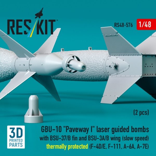 RESKIT RS48-0576 GBU-10 "Paveway I" laser guided bombs with BSU-37/B fin and BSU-3A/B wing (slow speed) thermally protected (2 pcs) (3D Printed) 1/48