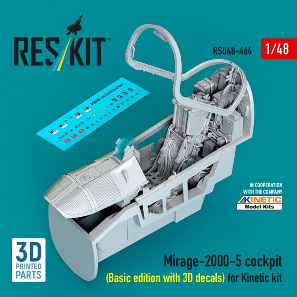 RESKIT RSU48-0464 Mirage-2000-5 cockpit (Basic edition with 3D decals) for Kinetic kit (3D Printed) (1/48)