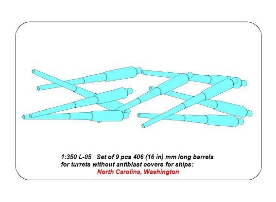 Aber 350L-05 Set of 9pcs 406mm long barrels for US ships for turrets without antiblast covers: North Carolina, Washington (1:350)