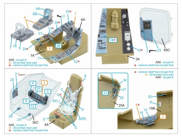Quinta Studio QD+48639 Ka-50 (blue-grey panels) 3D-Printed &amp; coloured Interior on decal paper (Italeri) (with 3D-printed resin parts) 1/48