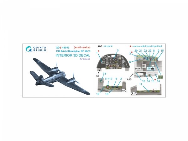 Quinta Studio QDS-48555 Bristol Beaufighter NF.Mk.VI 3D-Printed &amp; coloured Interior on decal paper (Tamiya) (small version) 1/48