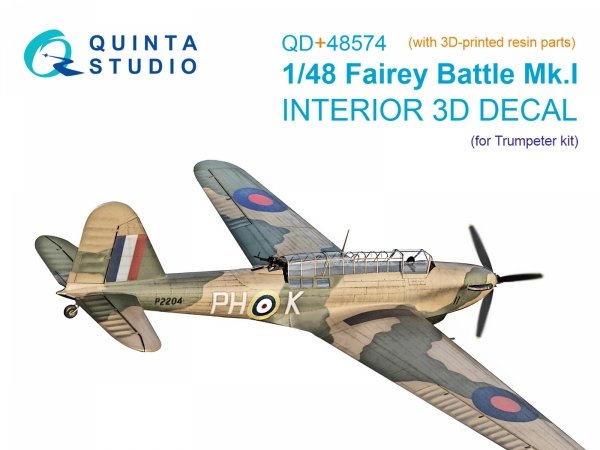 Quinta Studio QD+48574 Fairey Battle Mk.I 3D-Printed &amp; coloured Interior on decal paper (Trumpeter) (with 3D-printed resin parts) 1/48