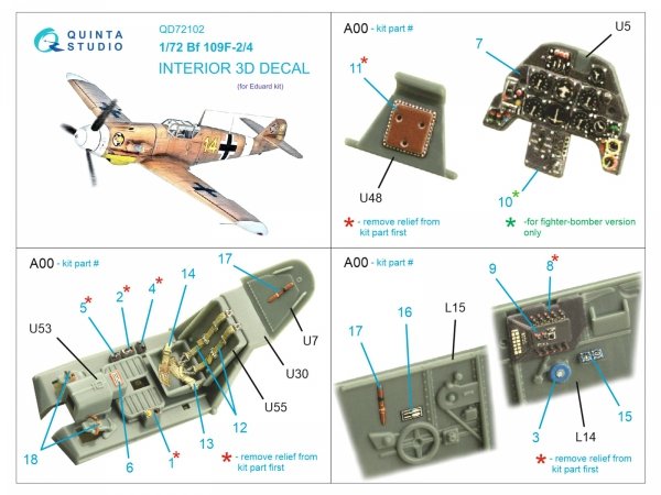 Quinta Studio QD72102 BF 109F-2/4 3D-Printed &amp; coloured Interior on decal paper (Eduard) 1/72