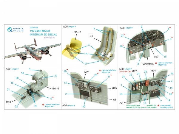 Quinta Studio QD32199 B-25H Mitchell 3D-Printed &amp; coloured Interior on decal paper (HK models) 1/32
