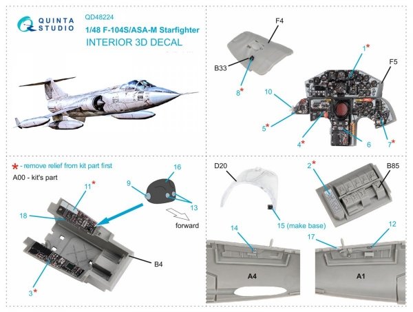 Quinta Studio QD48224 F-104S/ASA-M 3D-Printed &amp; coloured Interior on decal paper (Kinetic) 1/48