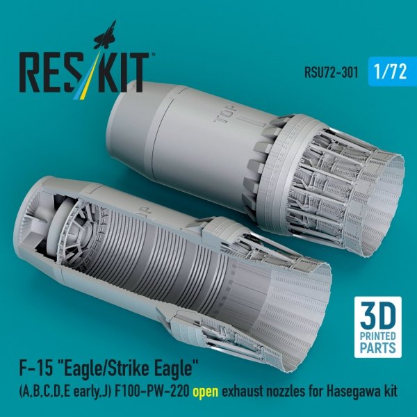 RESKIT RSU72-0301 F‑15 "Eagle/Strike Eagle" (A, B, C, D, E early, J) F100-PW-220 open exhaust nozzles for Hasegawa kit (3D Printed) (1/72)