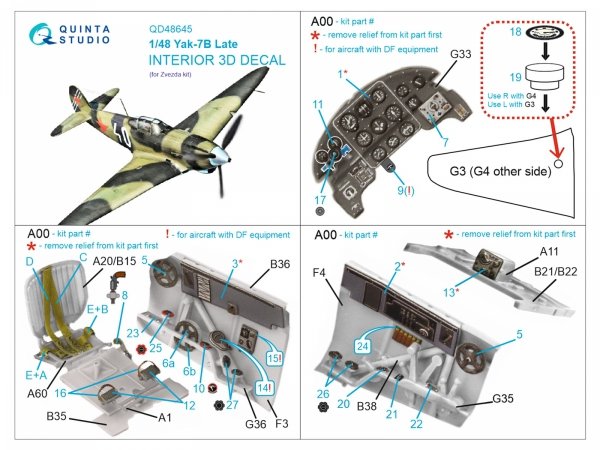 Quinta Studio QD48645 Yak-7B 3D-Printed &amp; coloured Interior on decal paper ( Zvezda ) 1/48