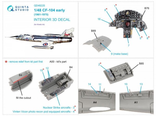 Quinta Studio QD48225 CF-104 Early 3D-Printed &amp; coloured Interior on decal paper ( Kinetic ) 1/48
