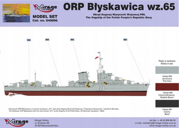 Mirage Hobby 840096 ORP Błyskawica wz.65 Okręt flagowy Marynarki Wojennej PRL MODEL SET 1/400