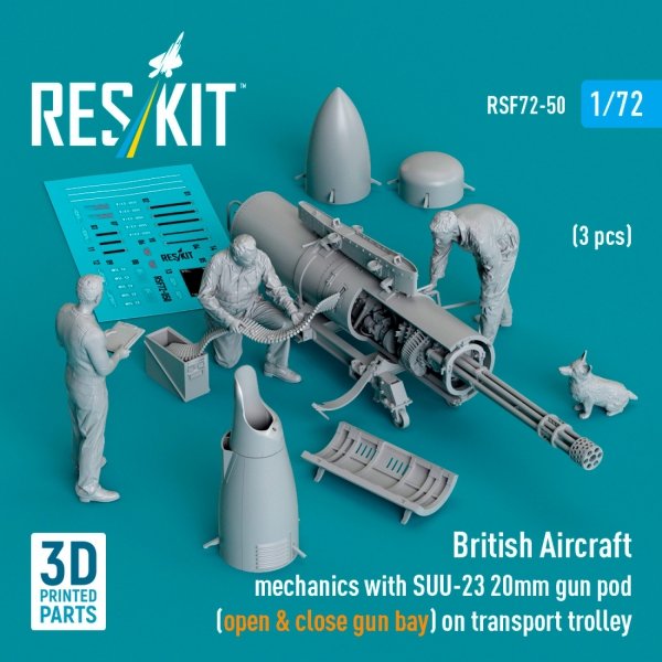 RESKIT RSF72-0050 British Aircraft mechanics with SUU-23 20mm gun pod (open &amp; close gun bay) on transport trolley (scene 1) (3 pcs) (3D Printed)  (1/72)