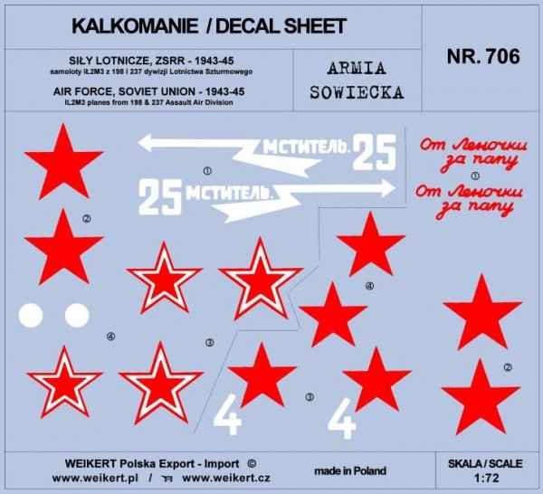 Weikert Decals DEC706 Armia sowiecka - samoloty IŁ2M3 z 198 &amp; 237 dywizji Lotnictwa Szturmowego 1/72
