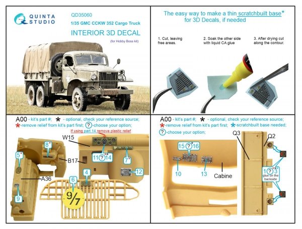 Quinta Studio QD35060 GMC CCKW 352 Cargo Truck 3D-Printed &amp; coloured Interior on decal paper (HobbyBoss) 1/35