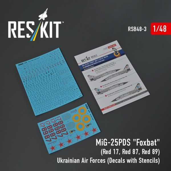 RESKIT RSB48-0003 MiG-25PDS "Foxbat" (Red 17, Red 87, Red 89) Ukrainian Air Forces (Decals with Stencils) 1/48