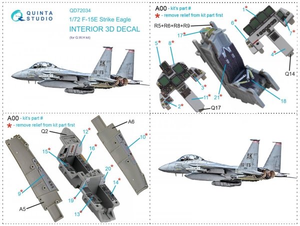 Quinta Studio QD72034 F-15E 3D-Printed &amp; coloured Interior on decal paper (GWH) 1/72