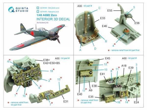 Quinta Studio QD48468 A6M2 Zero (Mitsubishi Prod.) 3D-Printed coloured Interior on decal paper (Academy) 1/48