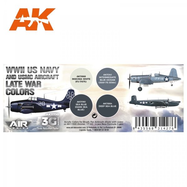 AK Interactive AK11730 WWII US NAVY &amp; USMC AIRCRAFT LATE WAR COLORS 4x17 ml