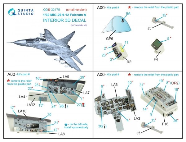 Quinta Studio QDS-32175 MiG-29 9-12 Fulcrum A 3D-Printed &amp; coloured Interior on decal paper (Trumpeter) (Small version) 1/32