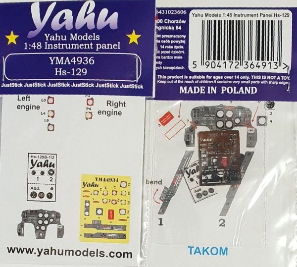 Yahu YMA4936 Henschle Hs 129 - Intrument Panel (for Takom Kits) 1/48