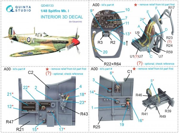 Quinta Studio QD48133 Spitfire Mk.I 3D-Printed &amp; coloured Interior on decal paper (Eduard) 1/48