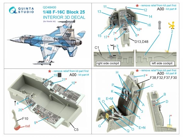 Quinta Studio QD48400 F-16C block 25 3D-Printed &amp; coloured Interior on decal paper (Kinetic 2022 tool) 1/48
