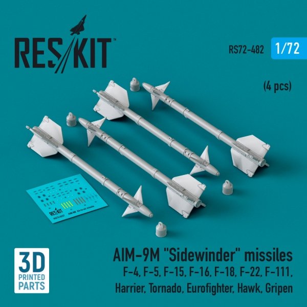 RESKIT RS72-0482 AIM-9M &quot;Sidewinder&quot; missiles (4 pcs) (3D Printed) 1/72