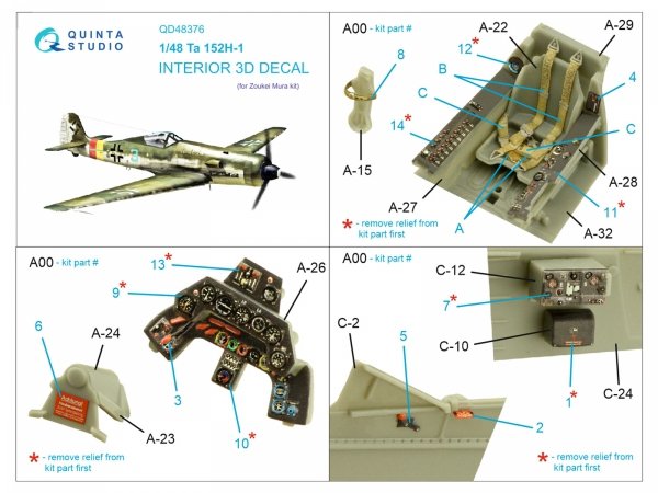 Quinta Studio QD48376 Ta 152H 3D-Printed &amp; coloured Interior on decal paper (Zoukei Mura) 1/48