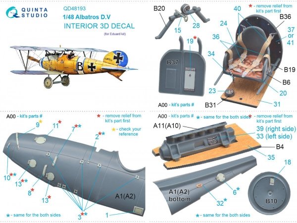 Quinta Studio QD48193 Albatros D.V 3D-Printed &amp; coloured Interior on decal paper (Eduard) 1/48