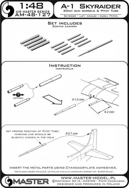 Master AM-48-127 A-1 Skyraider - 20mm cannon barrels and Pitot Tube 1:48