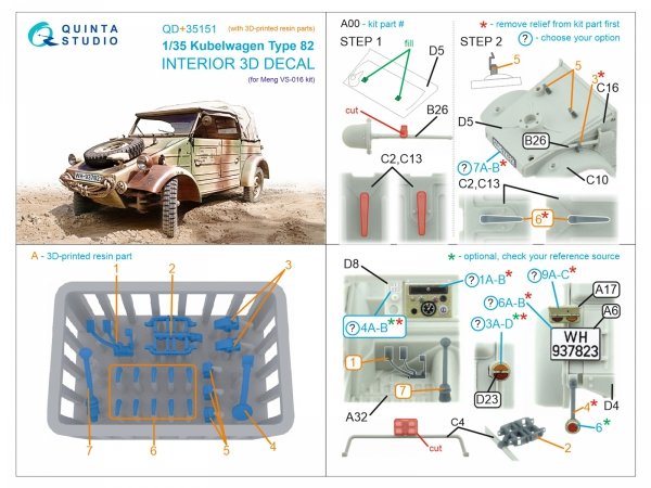Quinta Studio QD+35151 Kubelwagen Type 82 3D-Printed &amp; coloured Interior on decal paper (Meng VS-016) (with 3D-printed resin parts) 1/35