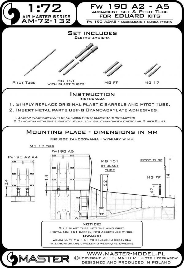 Master AM-72-132 Fw 190 A2 - A5 zestaw uzbrojenia (końcówki MG 17, lufy MG FF, lufy MG 151) oraz rurka Pitota (do modeli Eduard) (1:72)