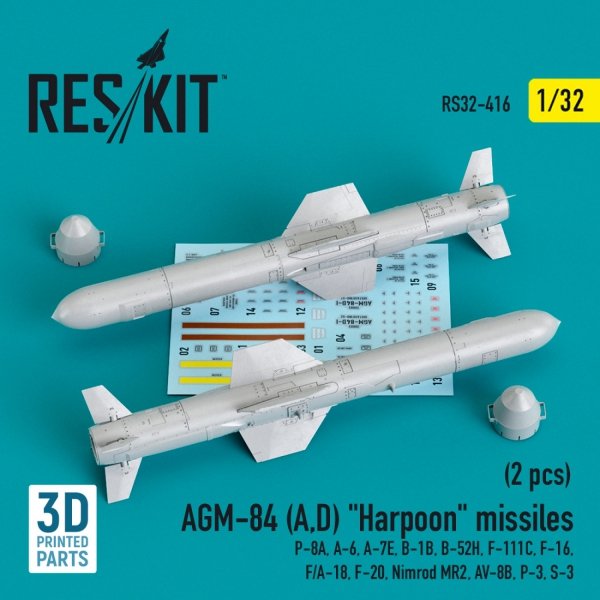 RESKIT RS32-0416 AGM-84 (A,D) &quot;HARPOON&quot; MISSILES (2 PCS) (3D PRINTED) 1/32