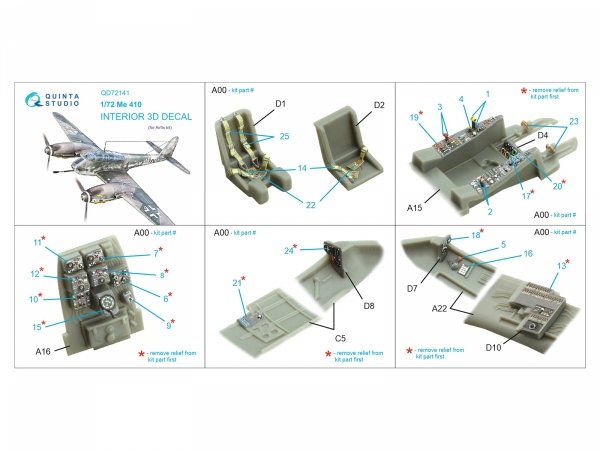 Quinta Studio QD72141 Me 410 3D-Printed coloured Interior on decal paper (Airfix) 1/72