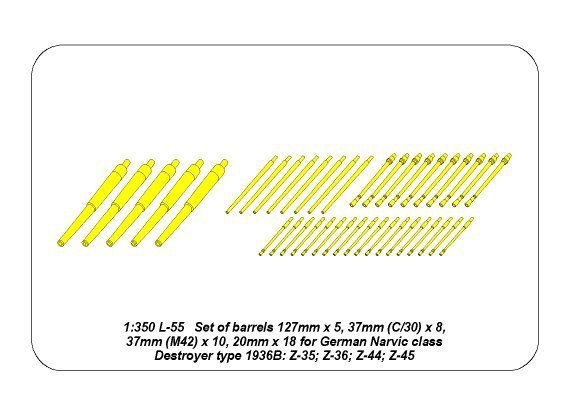Aber 350L-55 Set of Barrels for Narvic classe destroyers type 1936B: 127mm x 5; 37mm (C/30) x 8; 37mm(M42) x 10; 20mm x 18 (1:350)