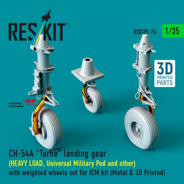 RESKIT RSU35-0076 CH-54A "Tarhe" landing gear (HEAVY LOAD, Universal Military Pod and other) with weighted wheels set for ICM kit (Metal &amp; 3D Printed) (1/35)