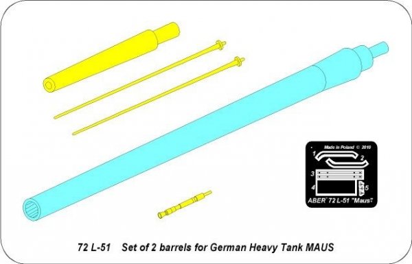 Aber 72L-51 Zestaw 2 Luf do niemieckiego ciężkiego czołgu MAUS / Set of 2 barrels for German Heavy Tank MAUS 1/72