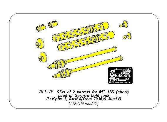 Aber 16L-18 Zestaw 2 luf do MG13k używanych w niemieckim czołgu Pz.Kpfw. I, Ausf. A/B / Set of 2 barrels for guns MG13k (short) used in German light tank Pz.Kpfw. I, Ausf.A/B 1/16