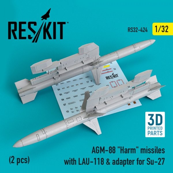 RESKIT RS32-0424 AGM-88 &quot;HARM&quot; MISSILES WITH LAU-118 &amp; ADAPTER FOR SU-27 (2 PCS) 1/32