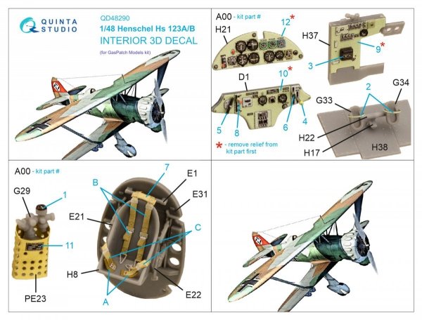 Quinta Studio QD48290 Henschel Hs 123A/B 3D-Printed &amp; coloured Interior on decal paper (GasPatch models) 1/48