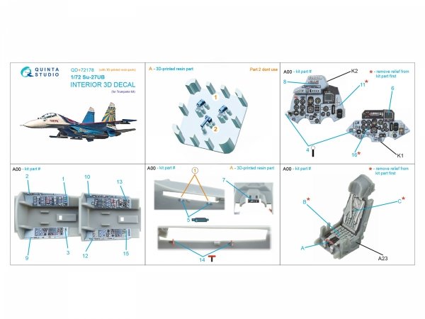 Quinta Studio QD+72178 Su-27UB 3D-Printed &amp; coloured Interior on decal paper (Trumpeter) (with 3D-printed resin part) 1/72