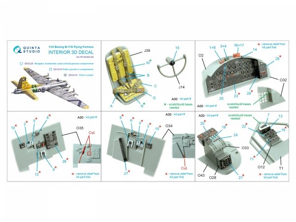 Quinta Studio QD32218 Boeing B-17G Navigator, bombardier, waist and tail gunners compartments. 3D-Printed coloured Interior (HK models) 1/32