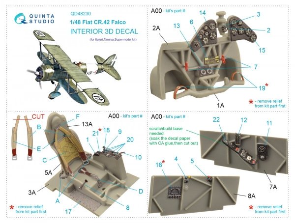 Quinta Studio QD48230 Fiat CR.42 3D-Printed &amp; coloured Interior on decal paper (Italeri) 1/48