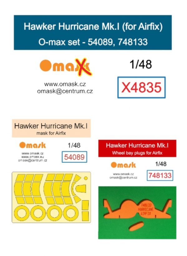 Omask X4835 Hawker Hurricane Mk.I O-Max Set (for Airfix)(masks and EVA wheel bay plugs) 1/48 