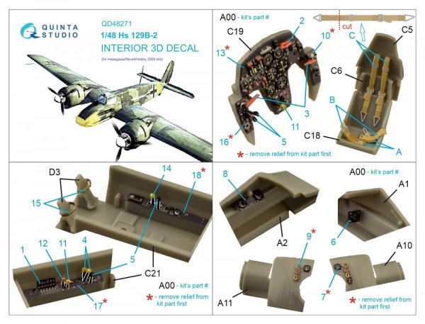 Quinta Studio QD48271 Hs 129B-2 3D-Printed &amp; coloured Interior on decal paper (Hasegawa) 1/48