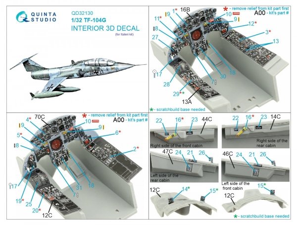 Quinta Studio QD32130 TF-104G 3D-Printed &amp; coloured Interior on decal paper (Italeri) 1/32