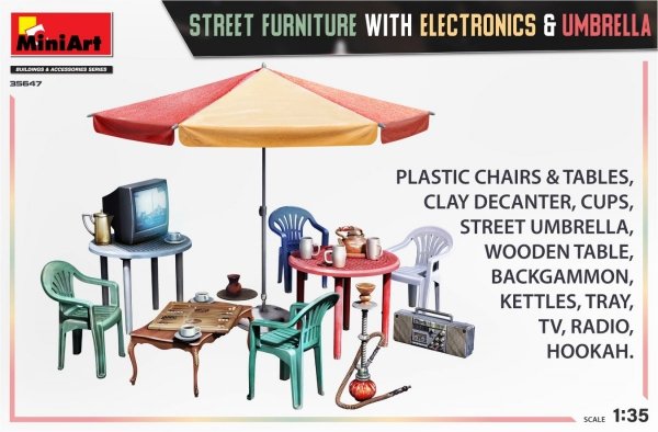 MiniArt 35647 STREET FURNITURE WITH ELECTRONICS &amp; UMBRELLA 1/35