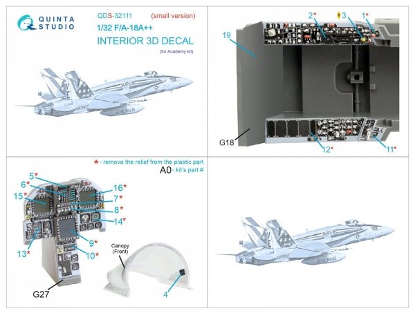 Quinta Studio QDS-32111 F/A-18A++ 3D-Printed &amp; coloured Interior on decal paper (Academy) (Small version) 1/32