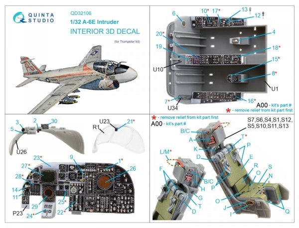 Quinta Studio QD32106 A-6E Intruder 3D-Printed &amp; coloured Interior on decal paper (Trumpeter) 1/32