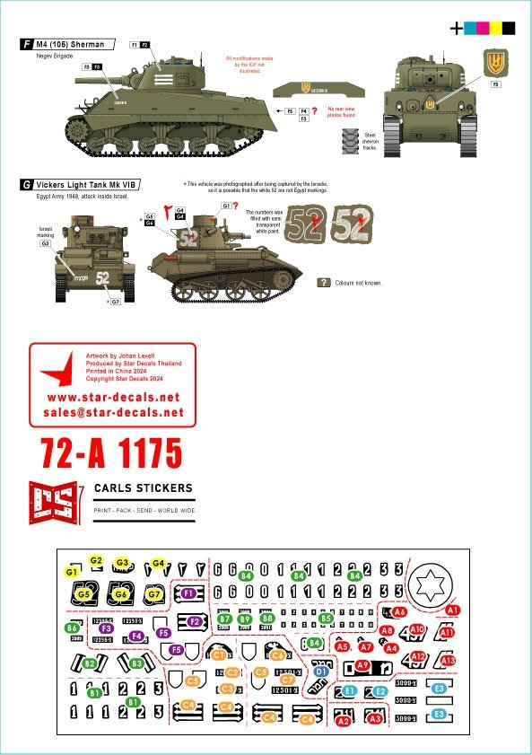 Star Decals 72-A1175 Early IDF markings # 2. Israeli armoured cars and AFVs in 1948-49. Sherman 75mm, Sherman 105mm, Cromwell Mk IVF, Hotchkiss 39 H, Vickers Light Tank Mk VI B. 1/72